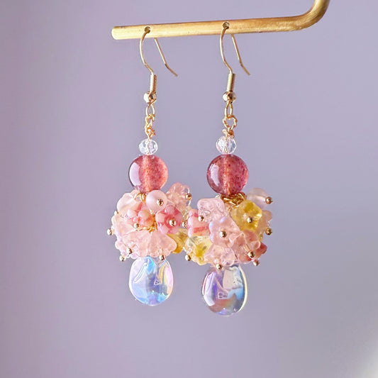 Handmade Pink Flowers Bloom and Raindrop Glass Beaded Earrings