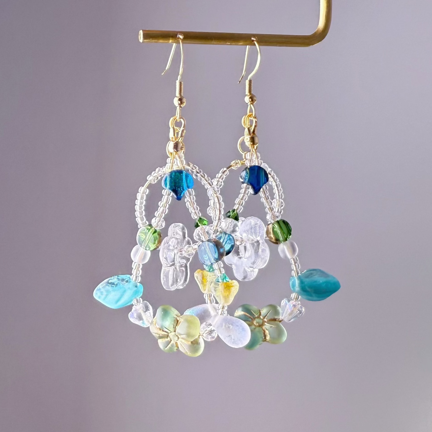 Handmade Green Crystal Flowers in Loops Glass Beads Earrings