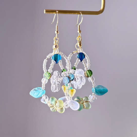 Handmade Green Crystal Flowers in Loops Glass Beads Earrings