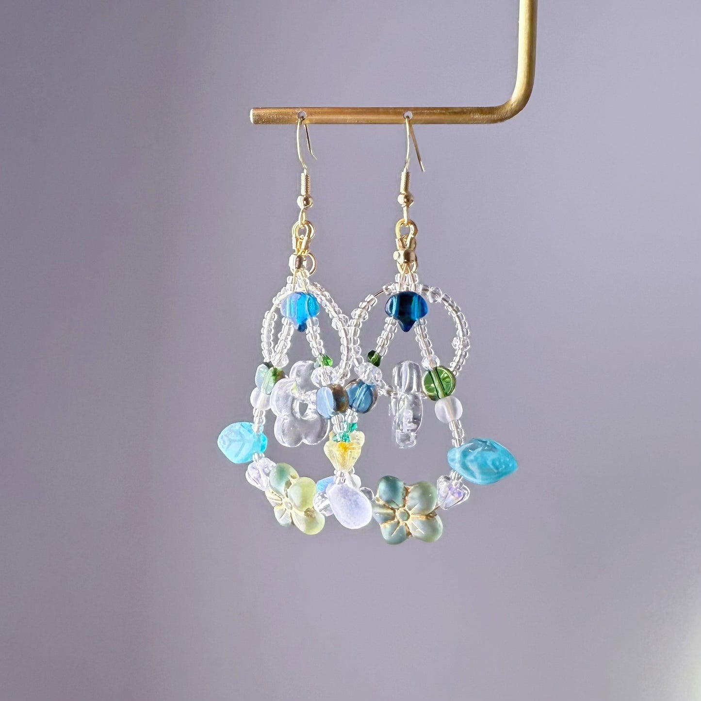 Handmade Green Crystal Flowers in Loops Glass Beads Earrings