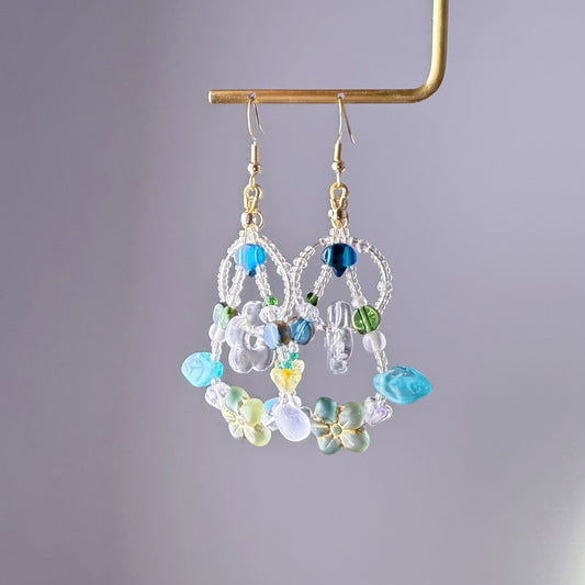 Handmade Green Crystal Flowers in Loops Glass Beads Earrings