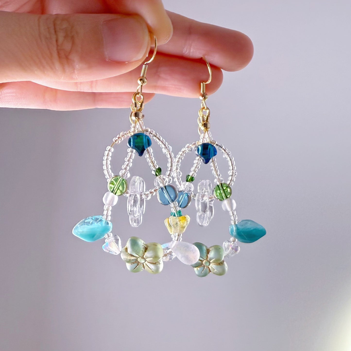 Handmade Green Crystal Flowers in Loops Glass Beads Earrings