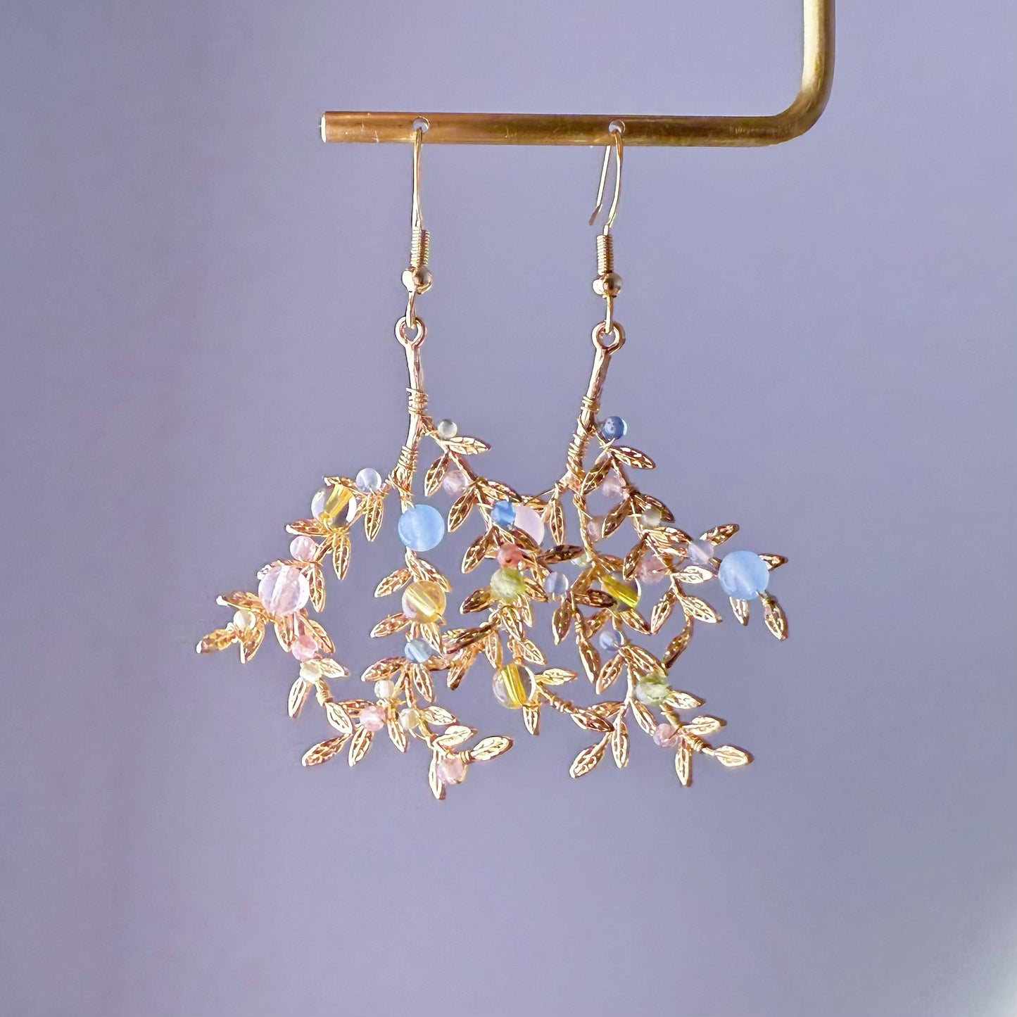 Handmade Golden Branches with Mini Natural Crystal Beads Earrings
