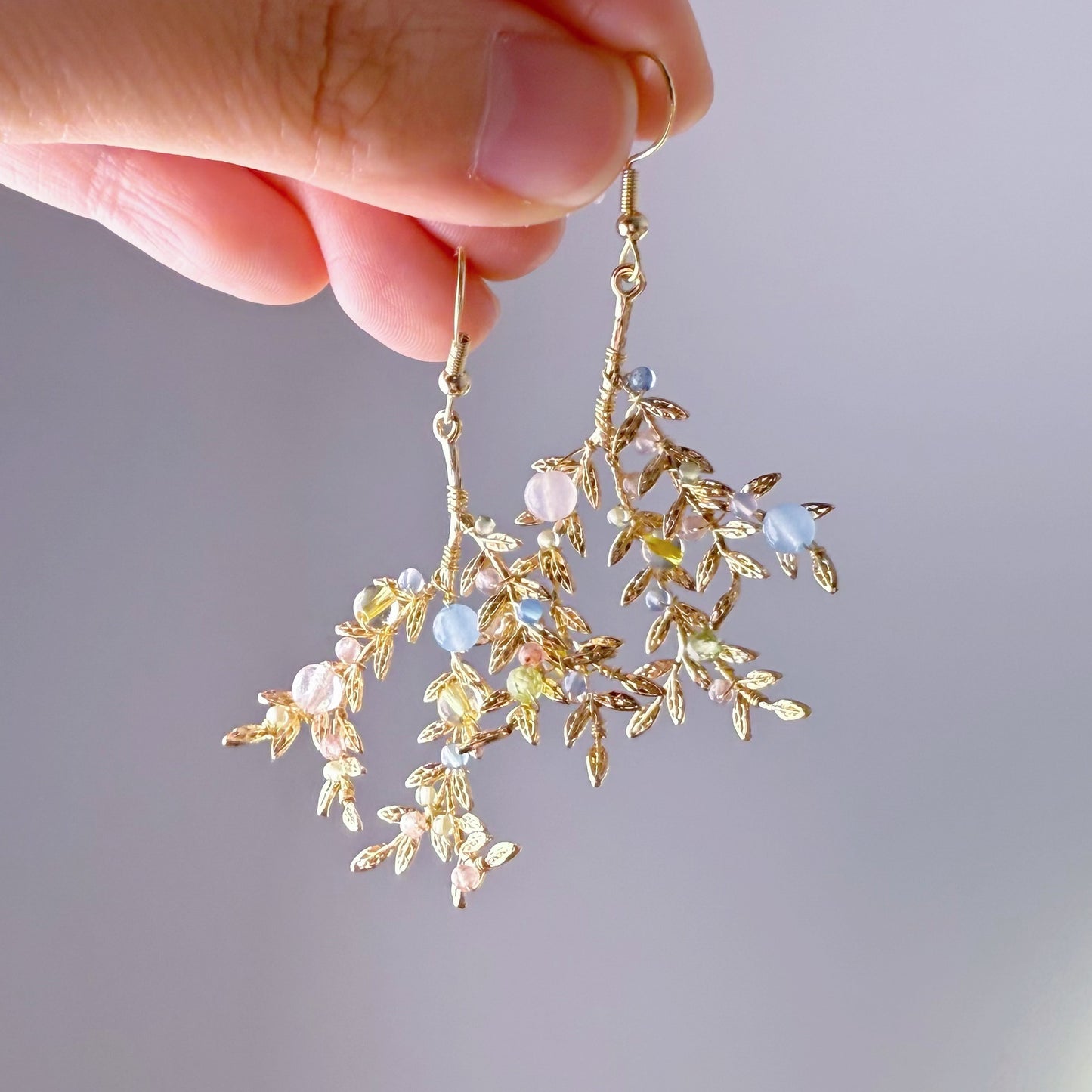 Handmade Golden Branches with Mini Natural Crystal Beads Earrings