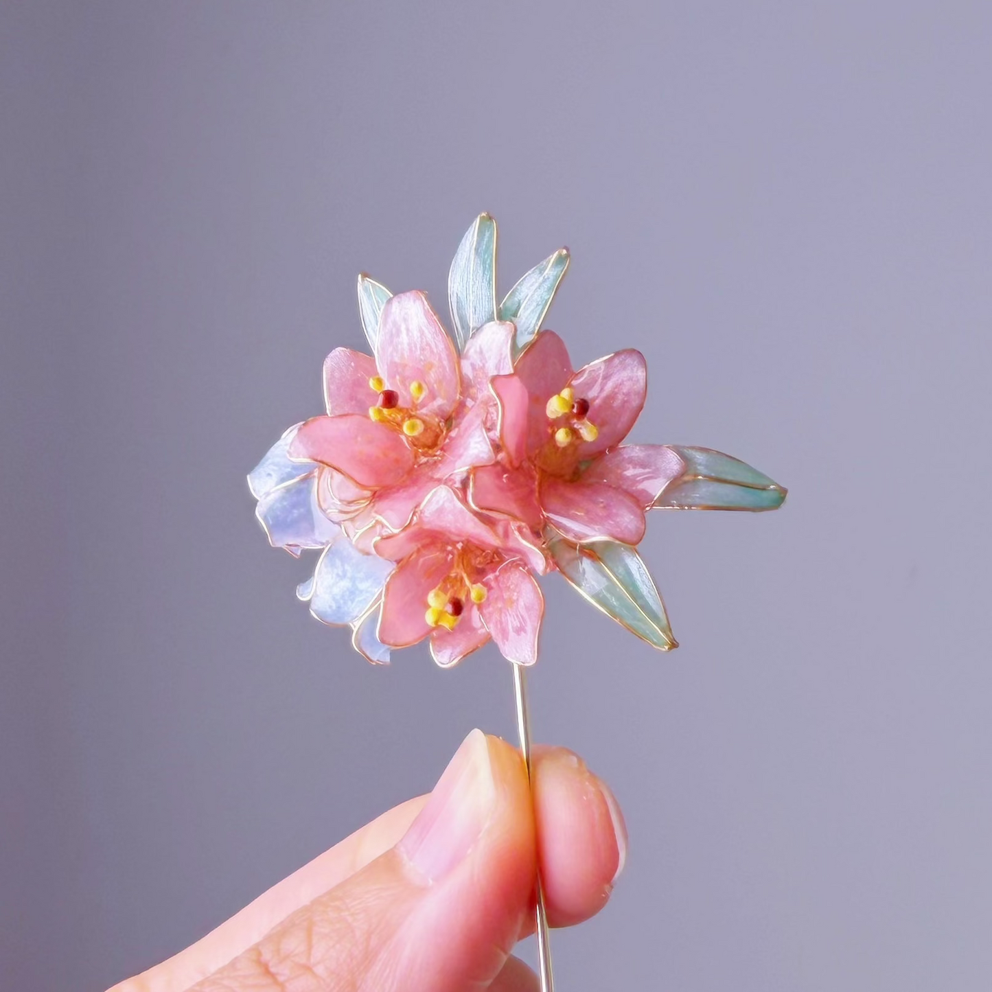 Handmade Pink Lilies and Bluebell Flower Bouquet Resin Brooch Lapel