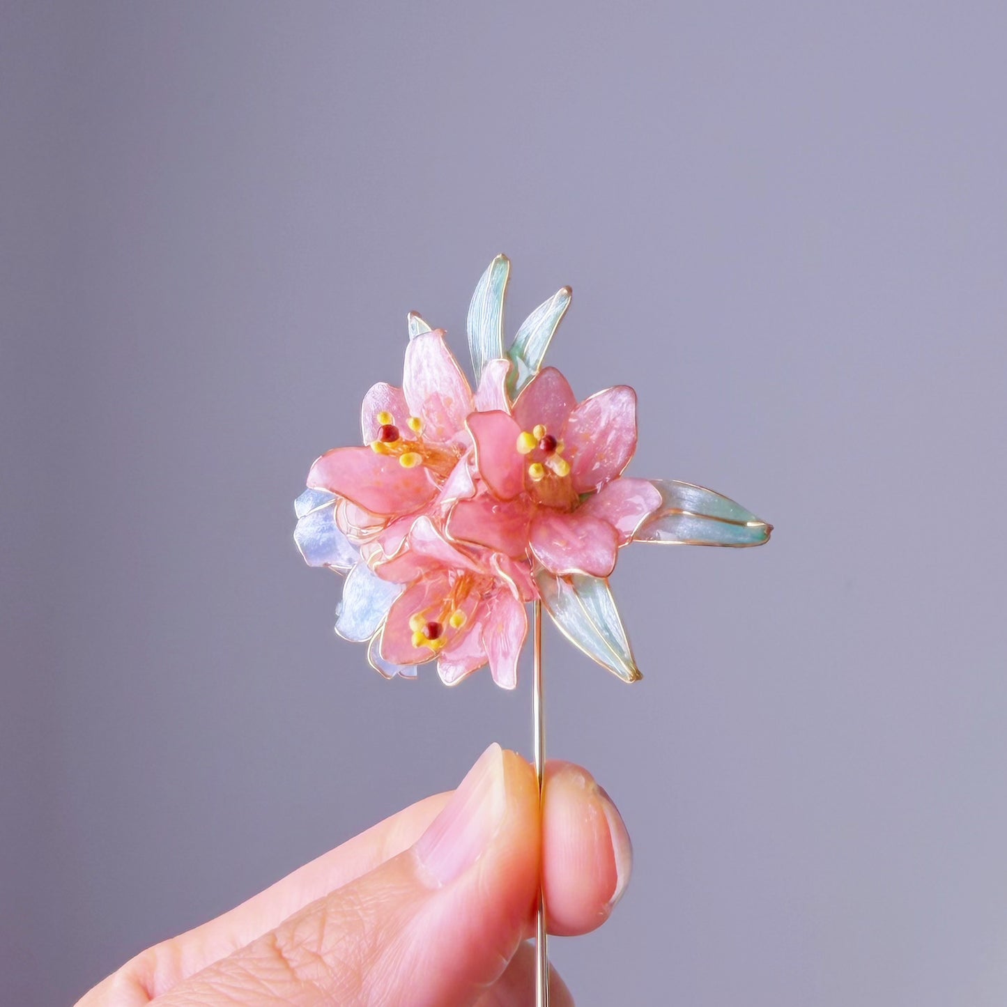 Handmade Pink Lilies and Bluebell Flower Bouquet Resin Brooch Lapel