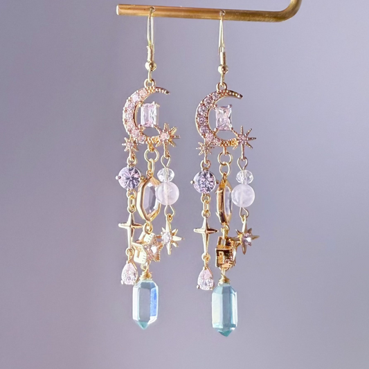 Crescent Moon and Shiny Stars with Green Quartz Drop Earrings