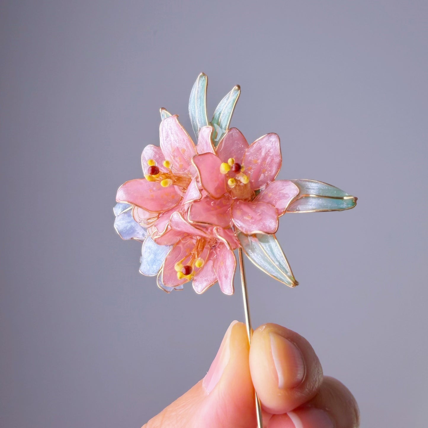 Handmade Pink Lilies and Bluebell Flower Bouquet Resin Brooch Lapel