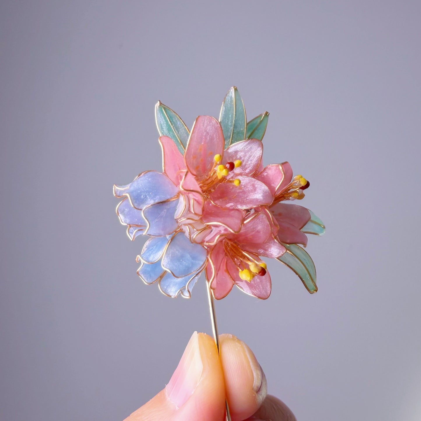 Handmade Pink Lilies and Bluebell Flower Bouquet Resin Brooch Lapel
