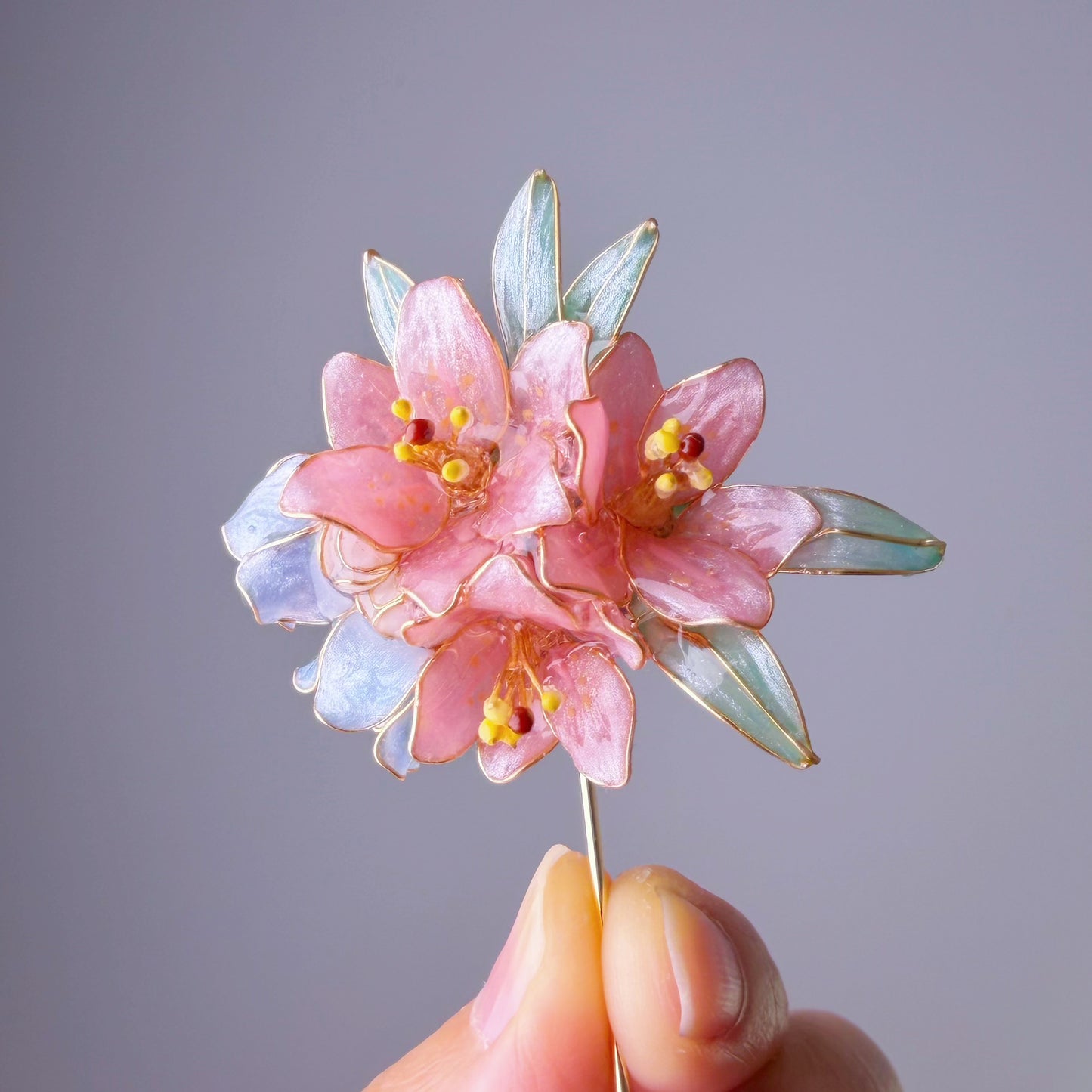 Handmade Pink Lilies and Bluebell Flower Bouquet Resin Brooch Lapel