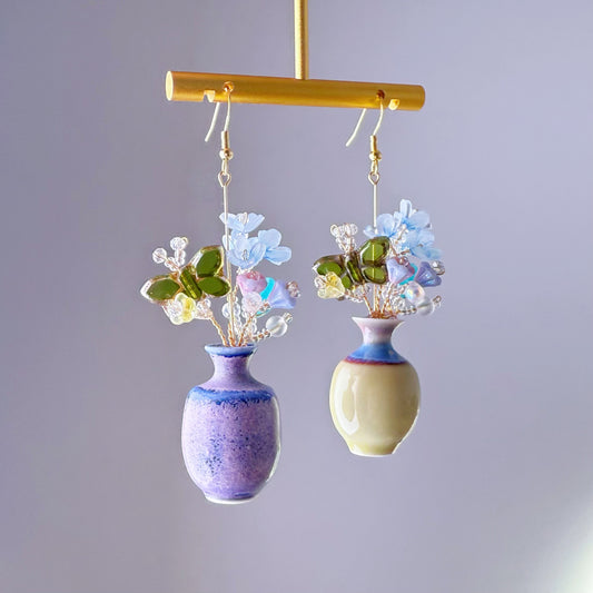 Handmade Flowers Bouquet and Butterfly in Ceramic Vase Earrings