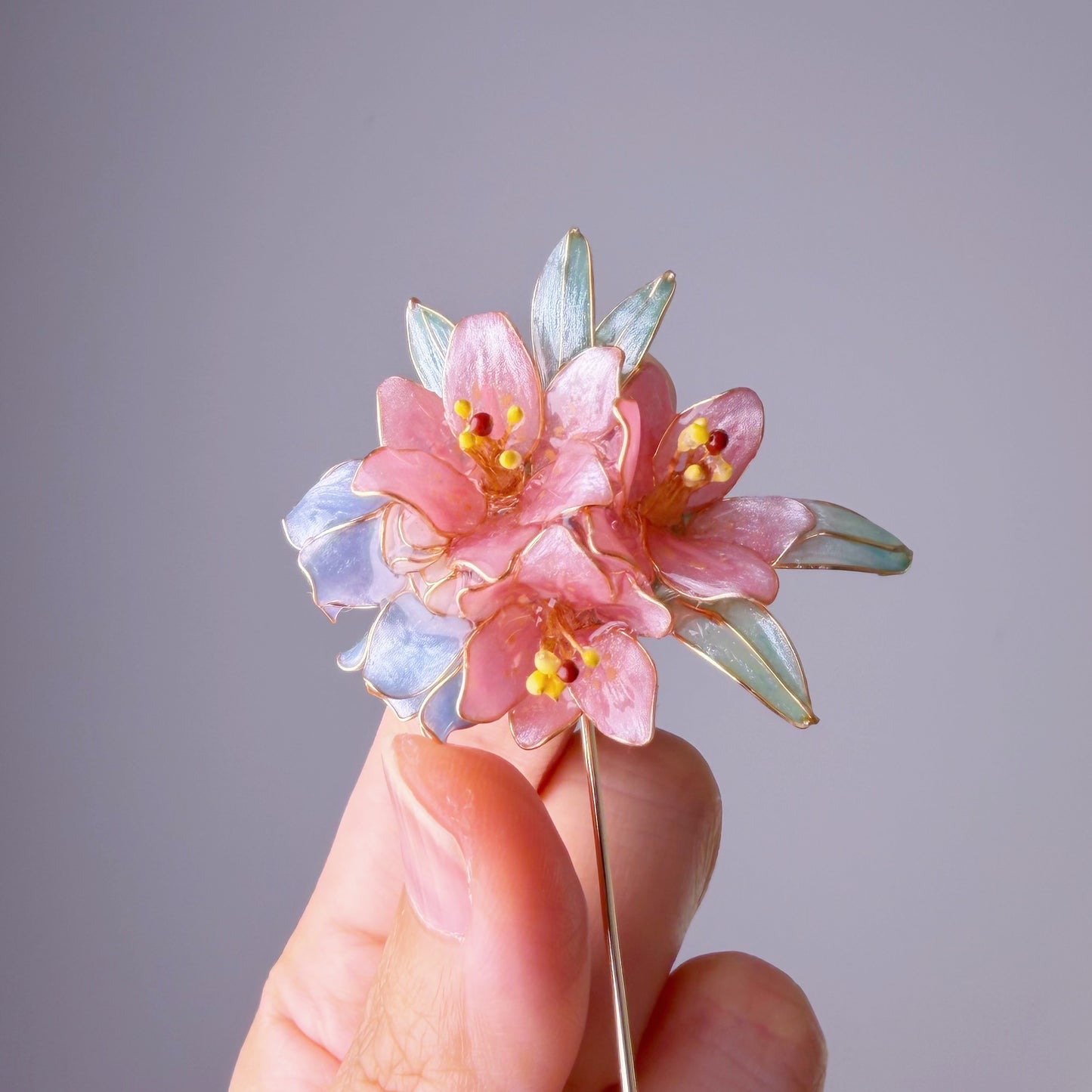 Handmade Pink Lilies and Bluebell Flower Bouquet Resin Brooch Lapel