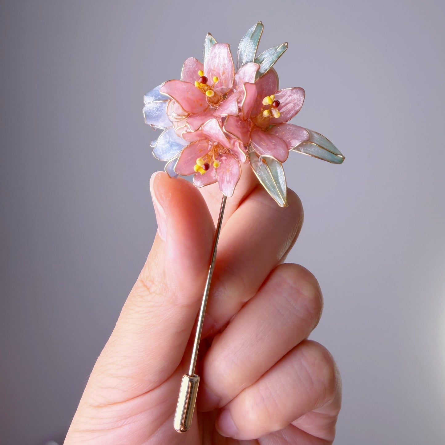 Handmade Pink Lilies and Bluebell Flower Bouquet Resin Brooch Lapel