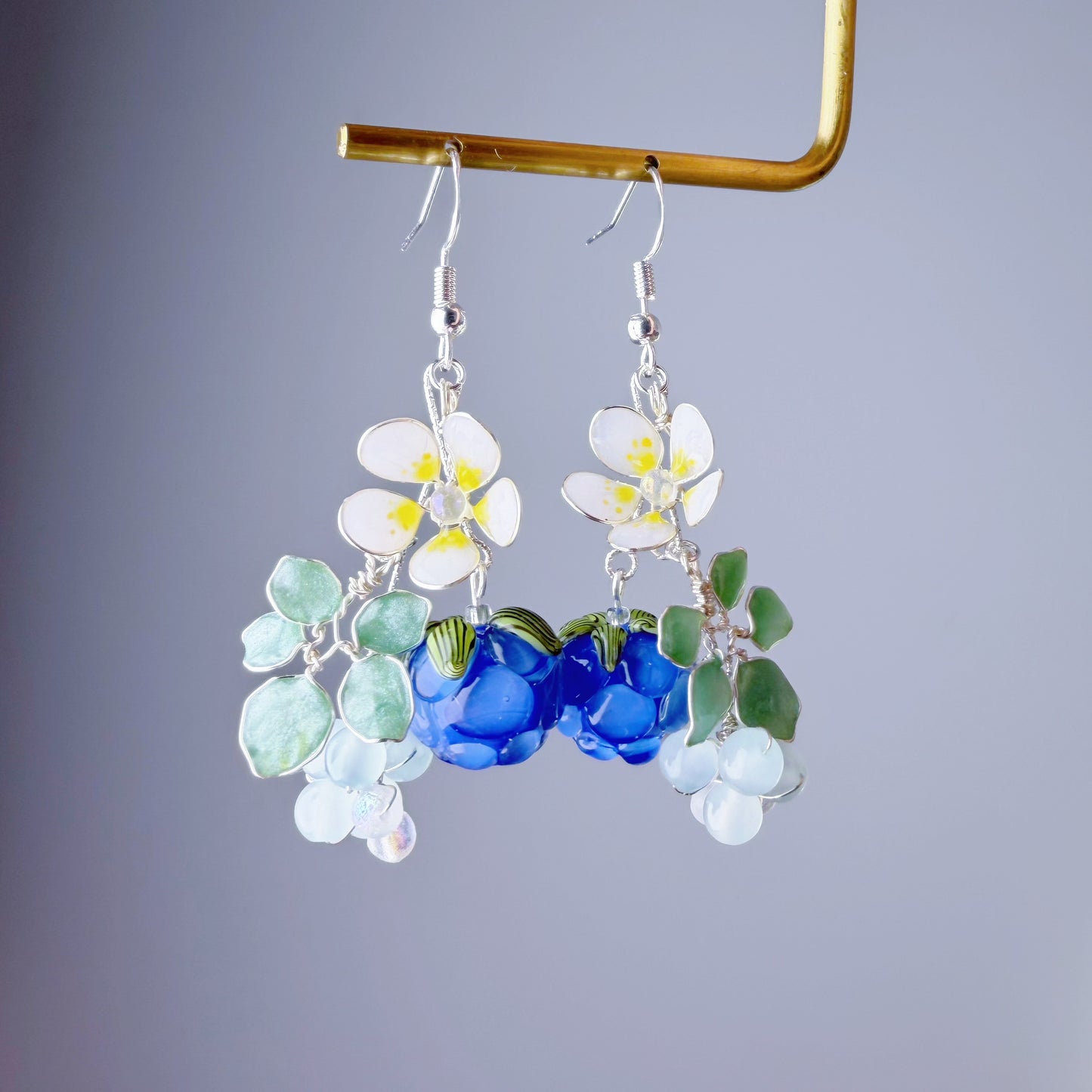 Handmade Lampwork Glass Blue Cloudberries Beads Dangle Earrings