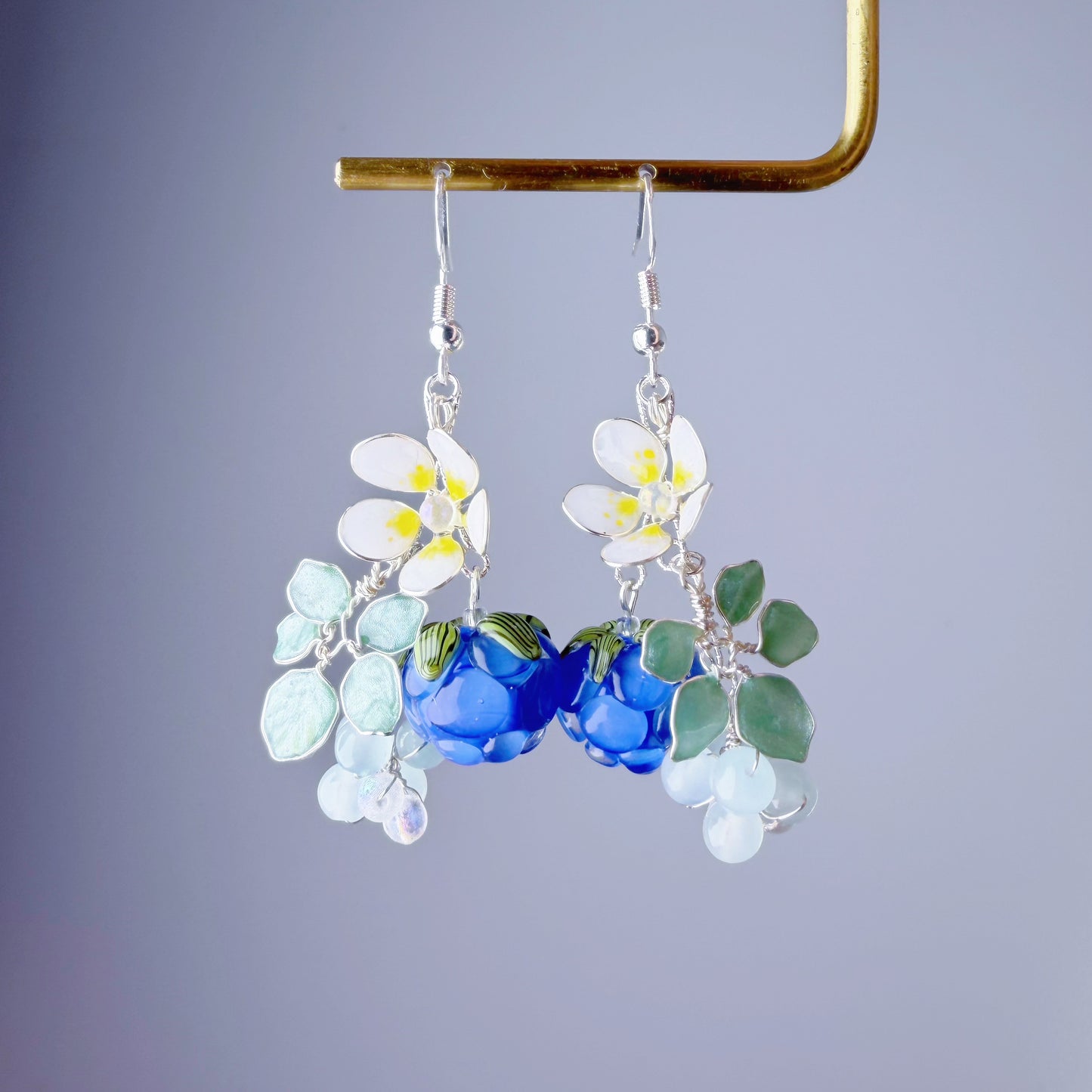 Handmade Lampwork Glass Blue Cloudberries Beads Dangle Earrings