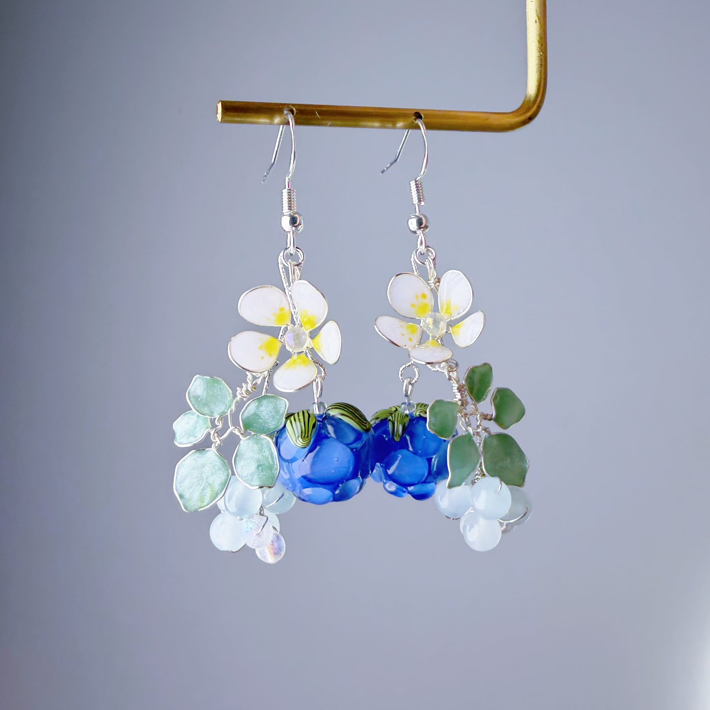 Handmade Lampwork Glass Blue Cloudberries Beads Dangle Earrings