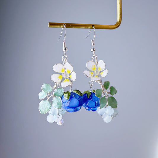 Handmade Lampwork Glass Blue Cloudberries Beads Dangle Earrings