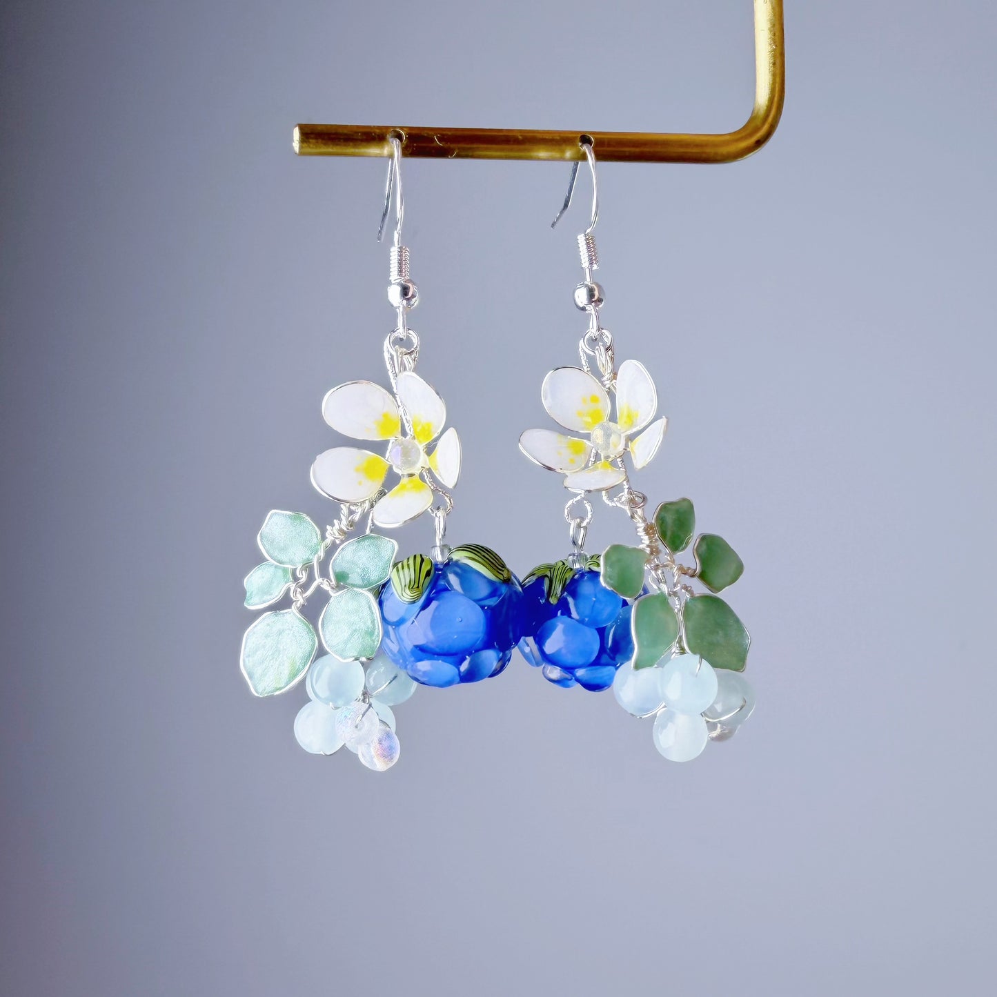 Handmade Lampwork Glass Blue Cloudberries Beads Dangle Earrings