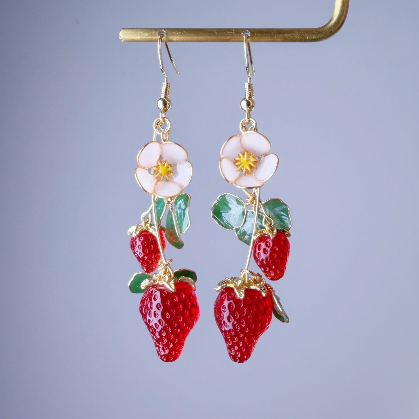Handmade Red Strawberry Plant Flowers and Leaves Dangle Earrings