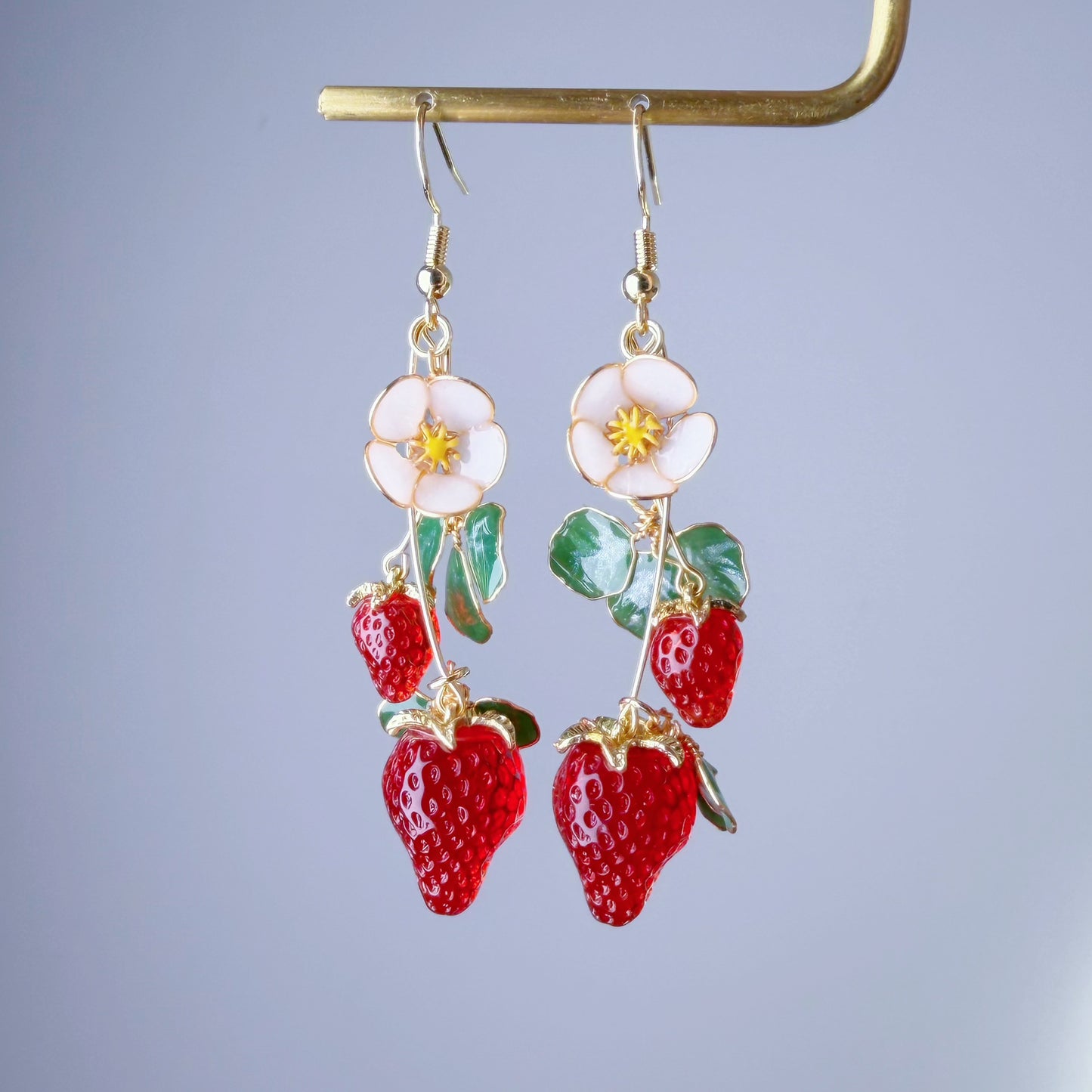 Handmade Red Strawberry Plant Flowers and Leaves Dangle Earrings
