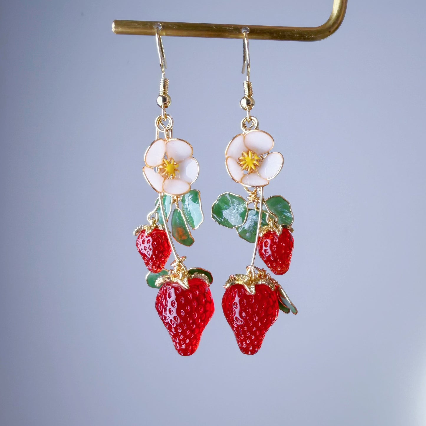 Handmade Red Strawberry Plant Flowers and Leaves Dangle Earrings