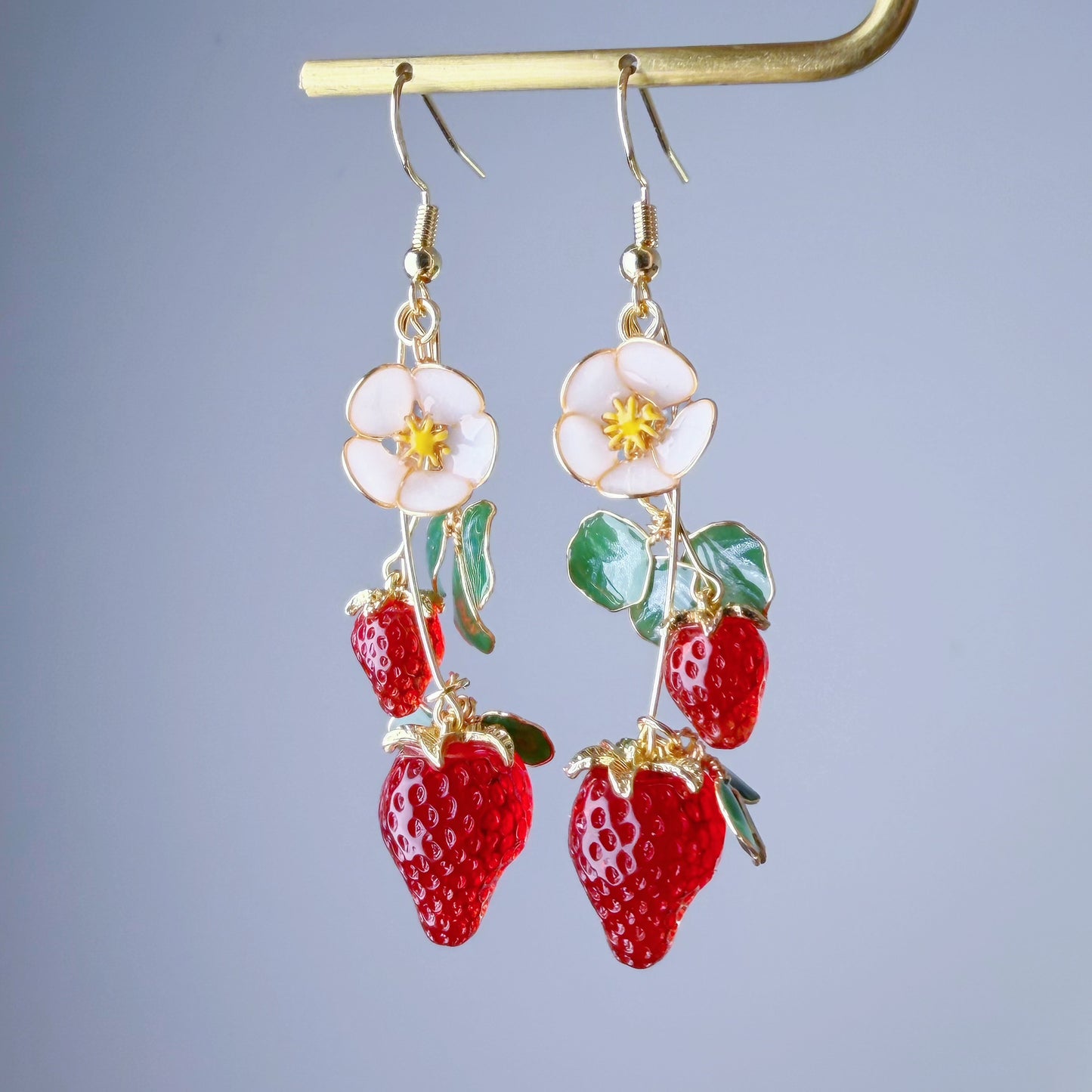 Handmade Red Strawberry Plant Flowers and Leaves Dangle Earrings