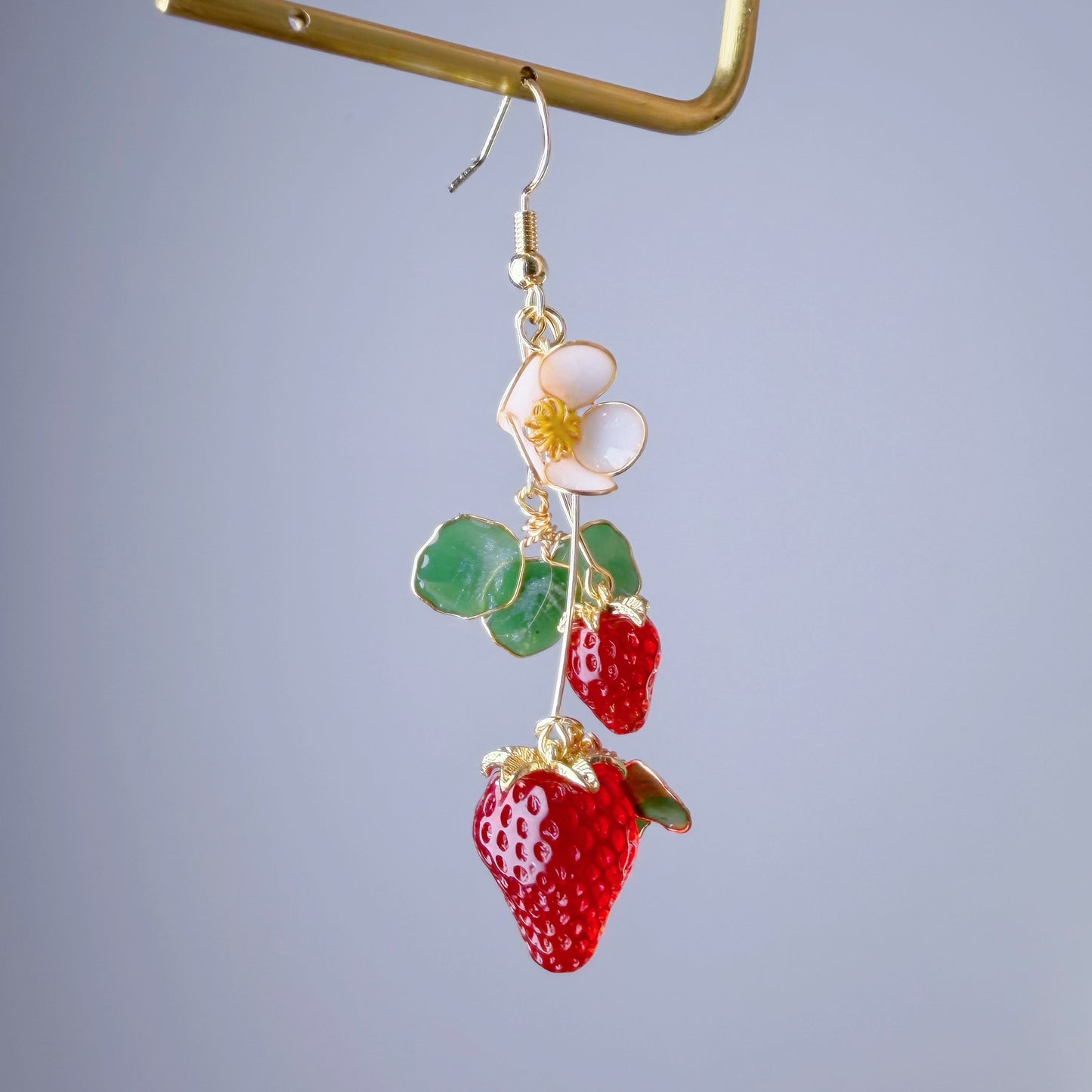 Handmade Red Strawberry Plant Flowers and Leaves Dangle Earrings