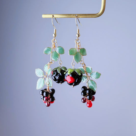 Handmade Lampwork Glass Rubus Brambles Berries Beads Dangle Earrings
