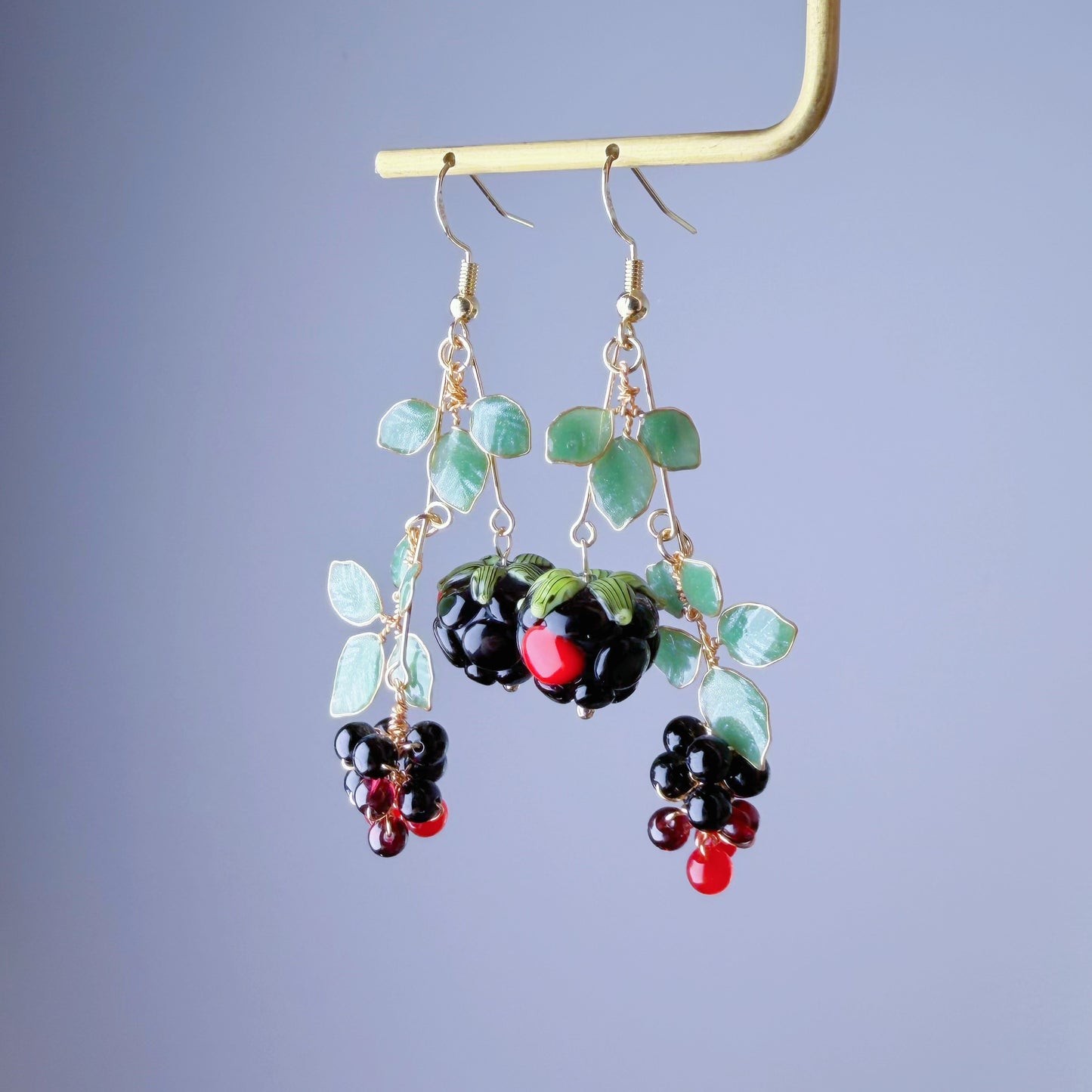 Handmade Lampwork Glass Rubus Brambles Berries Beads Dangle Earrings