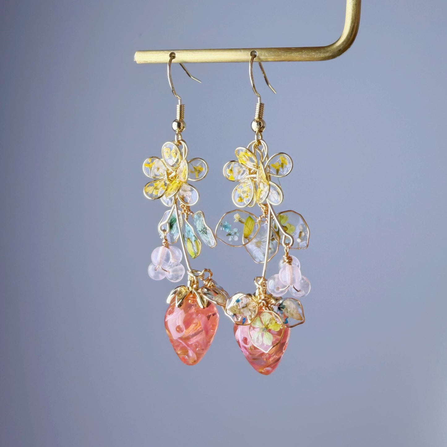 Handmade Pressed Dried Flowers Strawberry Plant Flowers and Leaves Dangle Earrings