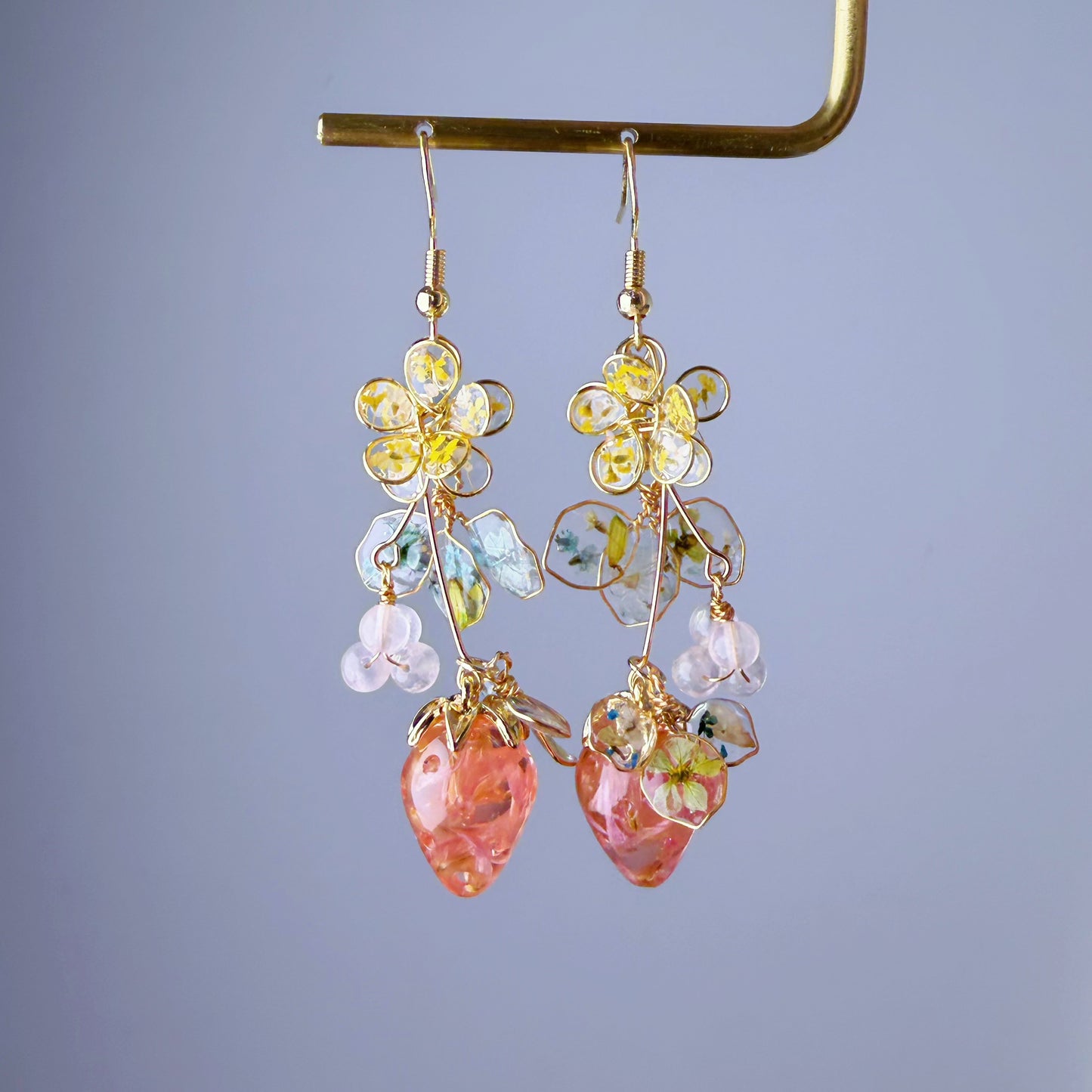Handmade Pressed Dried Flowers Strawberry Plant Flowers and Leaves Dangle Earrings