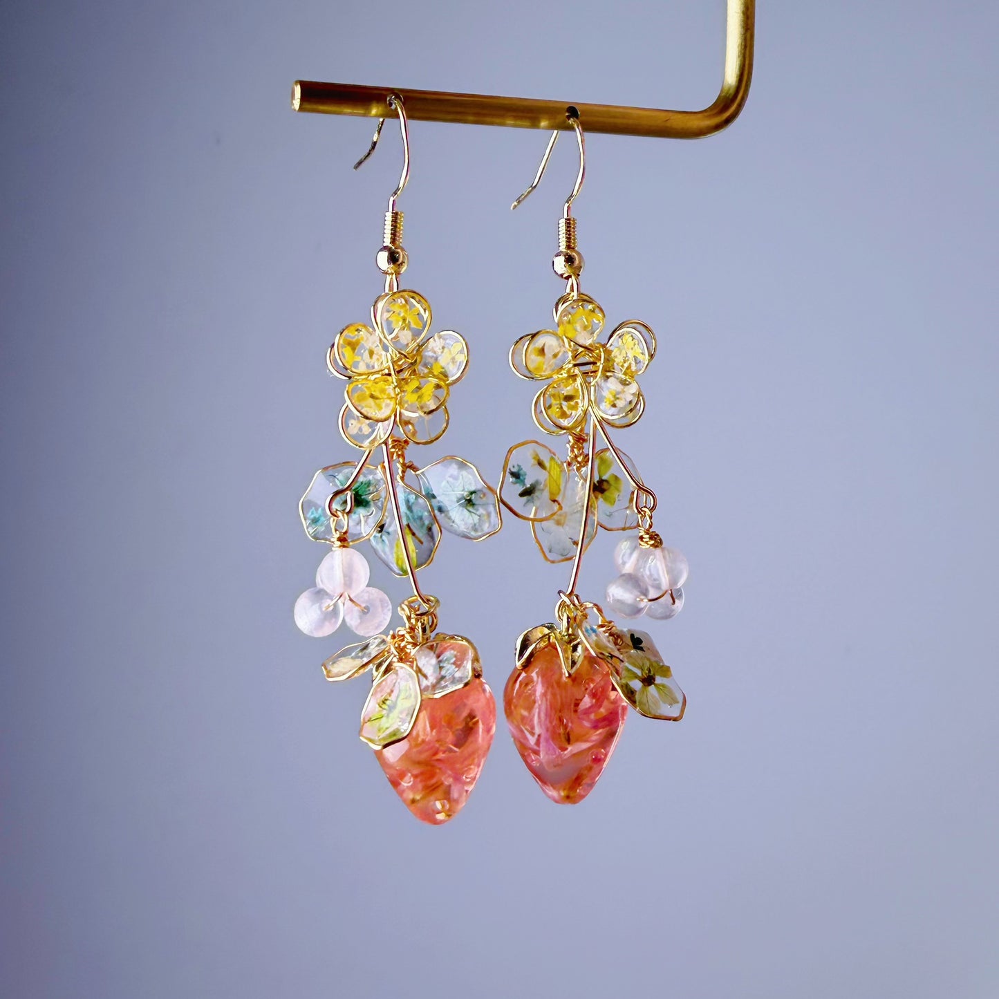 Handmade Pressed Dried Flowers Strawberry Plant Flowers and Leaves Dangle Earrings
