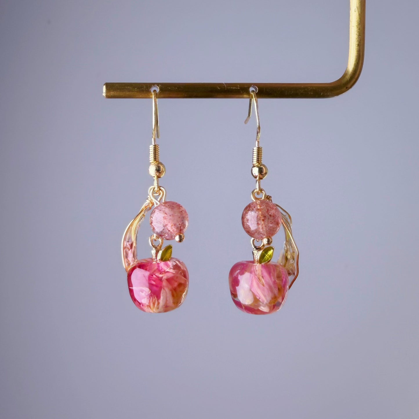 Handmade Pressed Dried Flowers Apple Fruit and Leaves Earrings