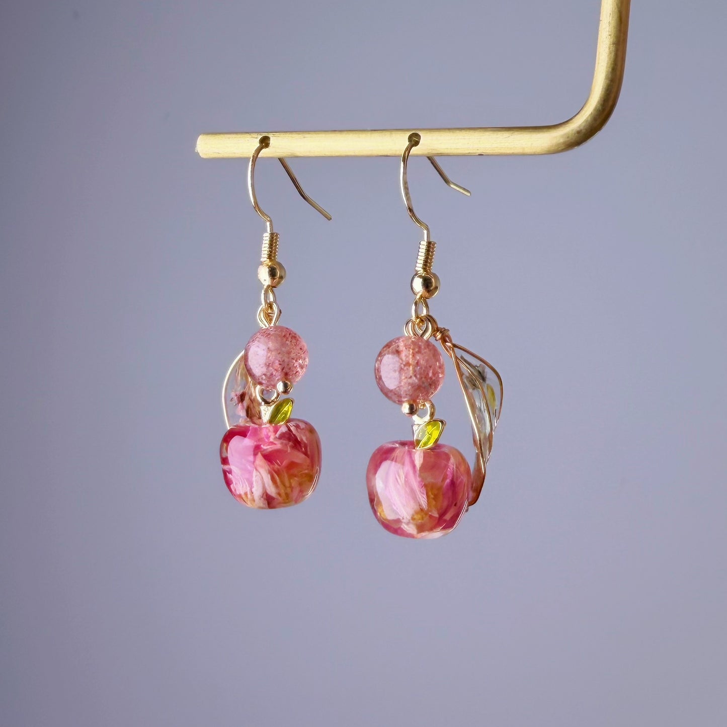 Handmade Pressed Dried Flowers Apple Fruit and Leaves Earrings