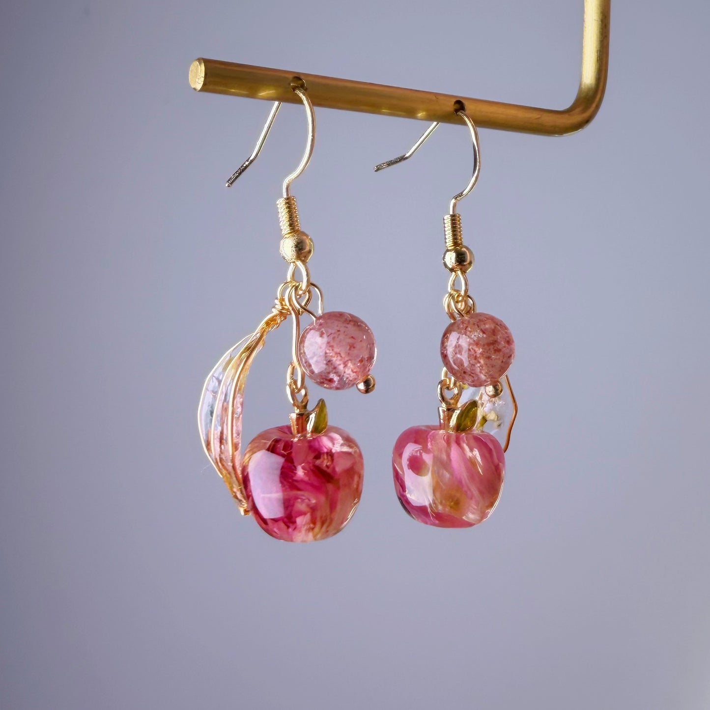 Handmade Pressed Dried Flowers Apple Fruit and Leaves Earrings