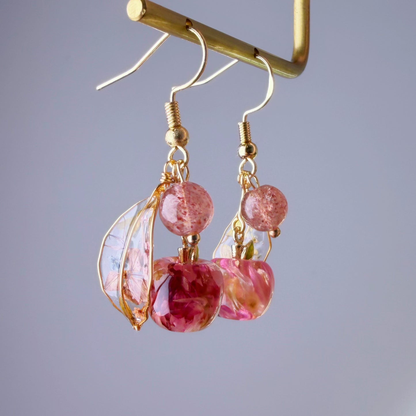 Handmade Pressed Dried Flowers Apple Fruit and Leaves Earrings
