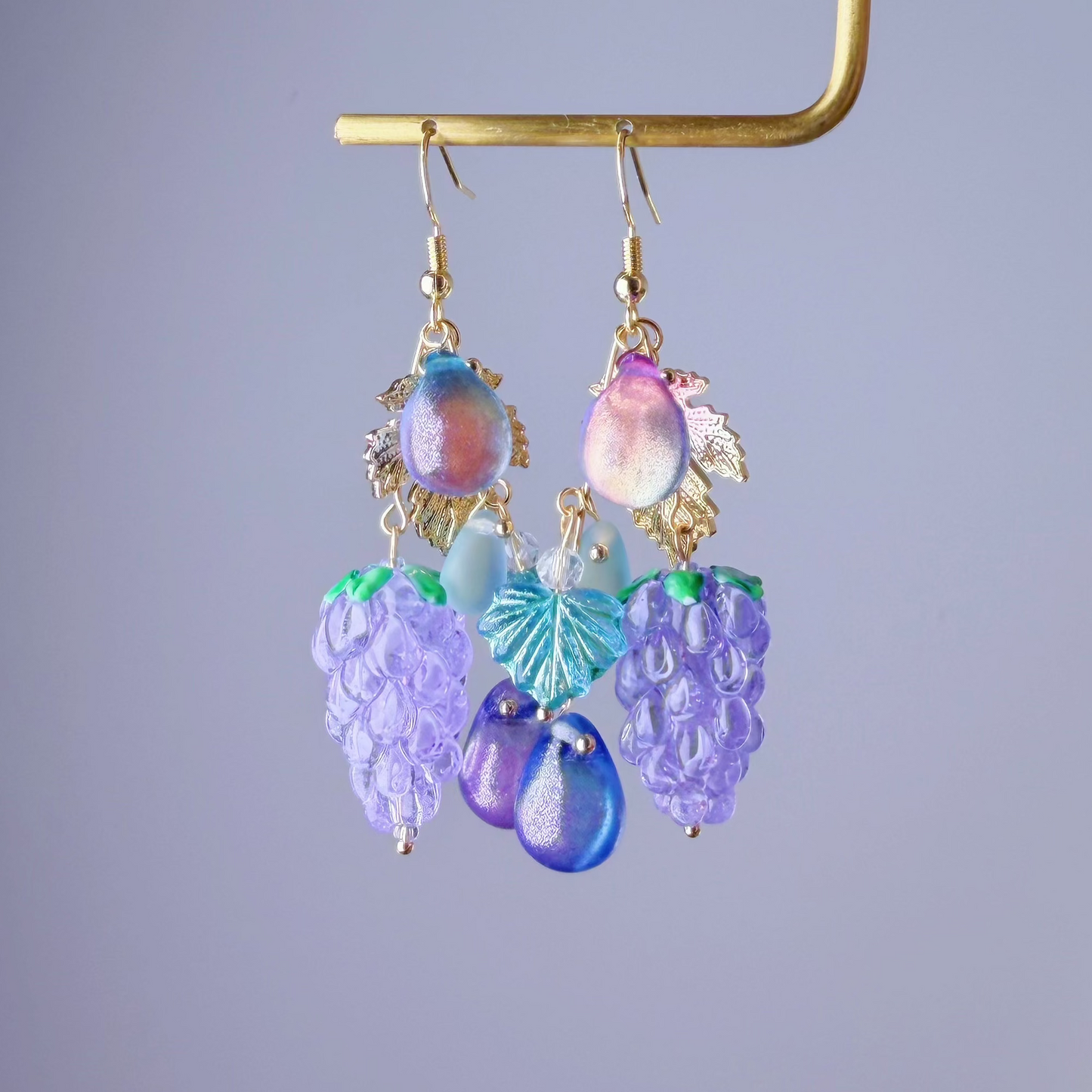 Handmade Lampwork Glass Purple Grapes and Leaves Dangle Earrings