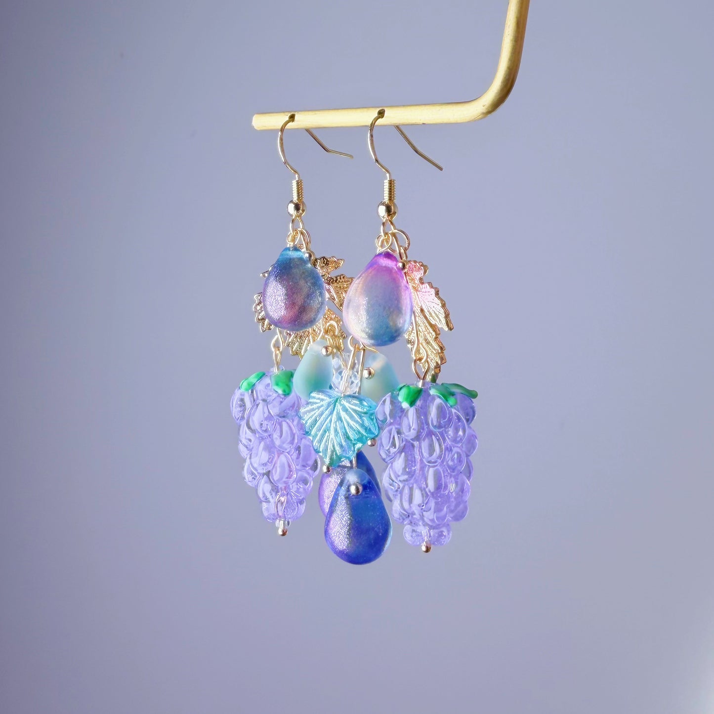 Handmade Lampwork Glass Purple Grapes and Leaves Dangle Earrings