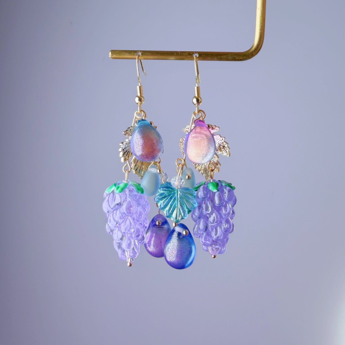 Handmade Lampwork Glass Purple Grapes and Leaves Dangle Earrings