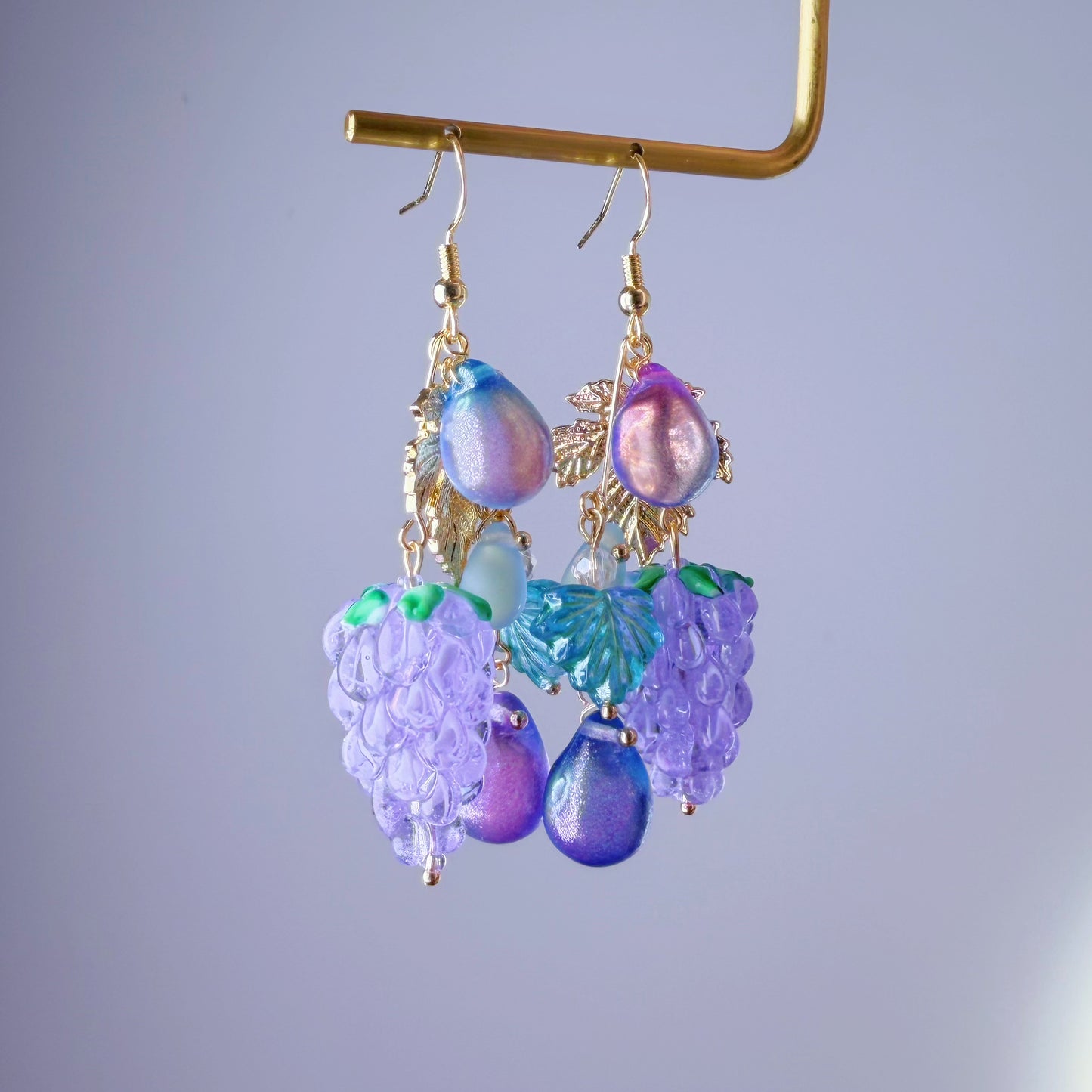 Handmade Lampwork Glass Purple Grapes and Leaves Dangle Earrings