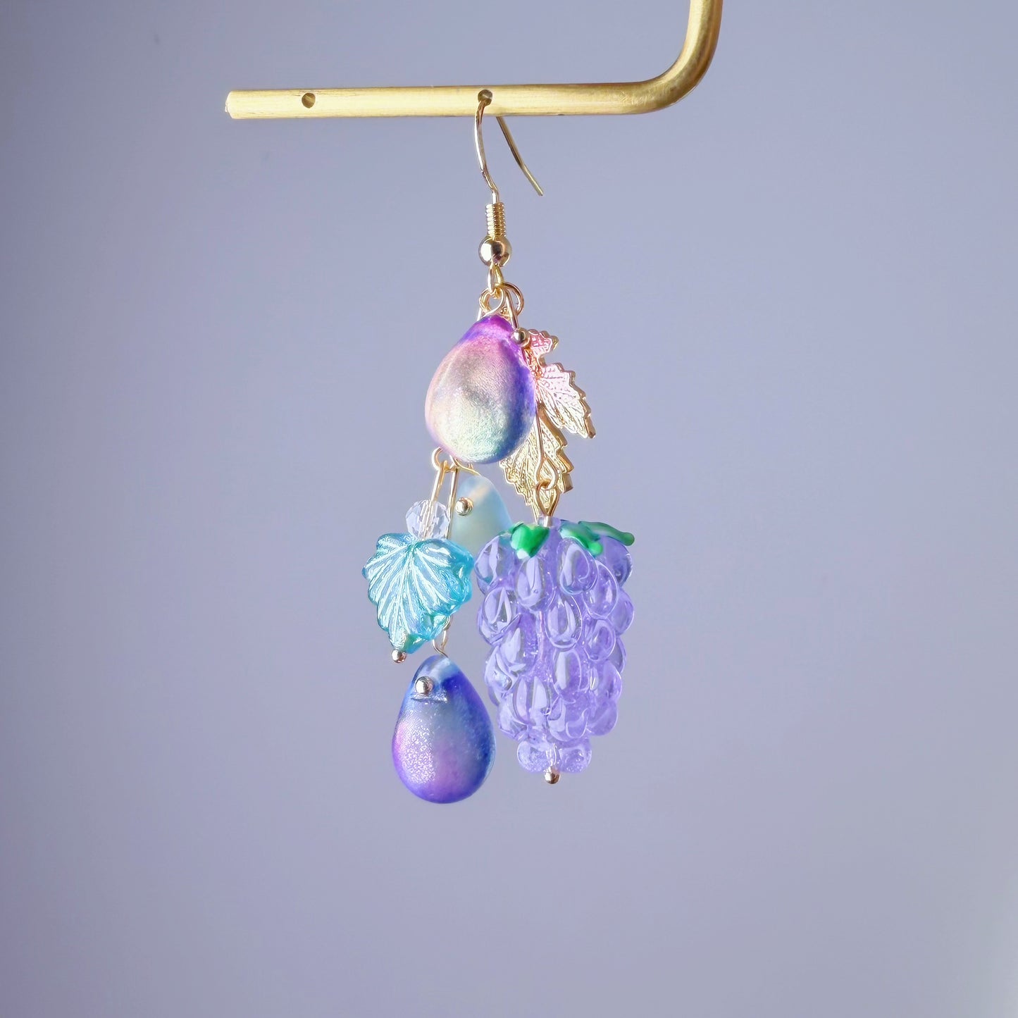 Handmade Lampwork Glass Purple Grapes and Leaves Dangle Earrings
