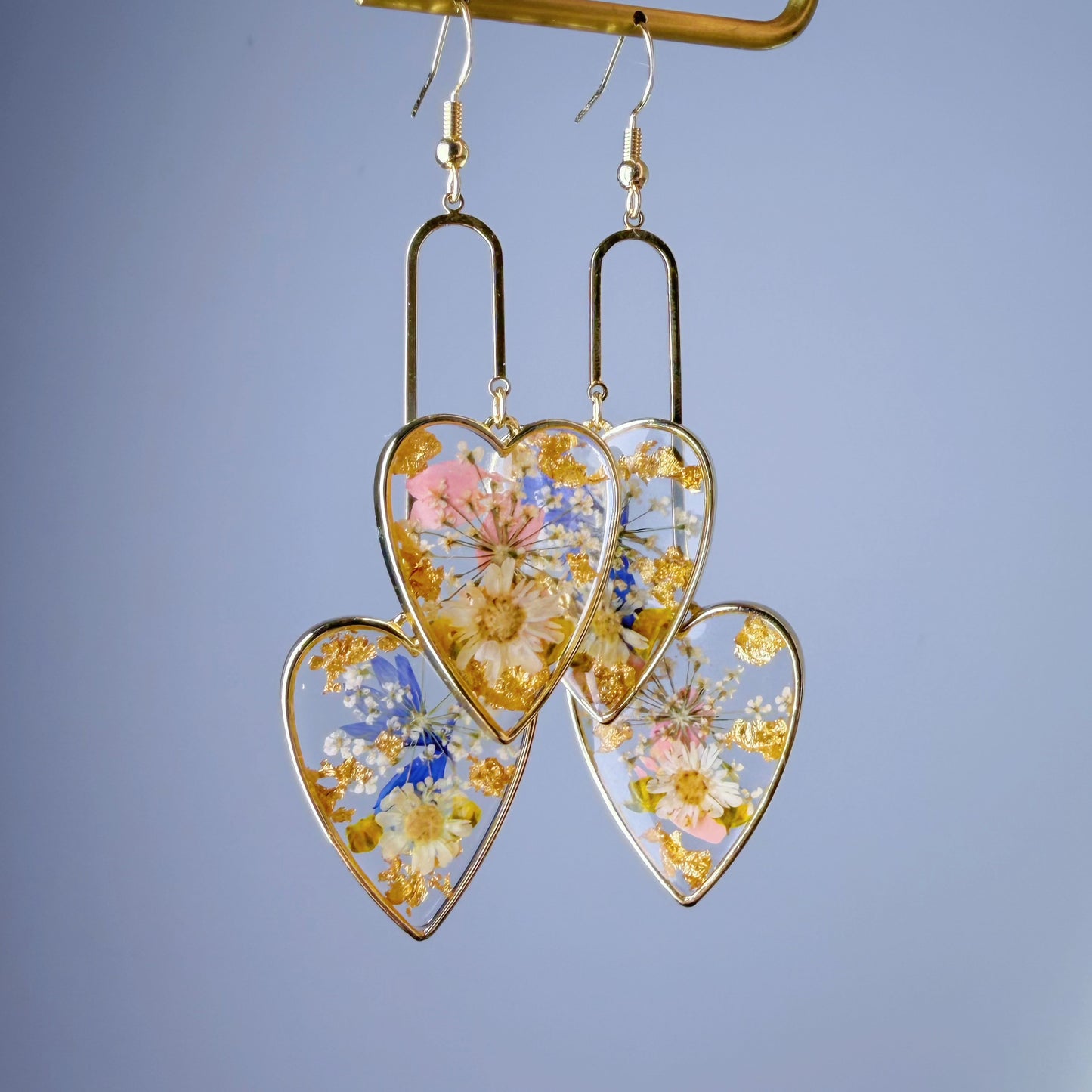 Handmade Pressed Flowers in Hearts Statement Dangle Earrings