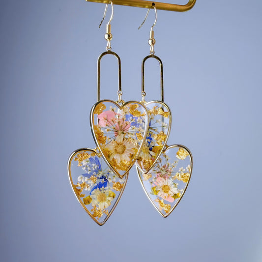 Handmade Pressed Flowers in Hearts Statement Dangle Earrings