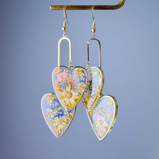 Handmade Pressed Flowers in Hearts Statement Dangle Earrings