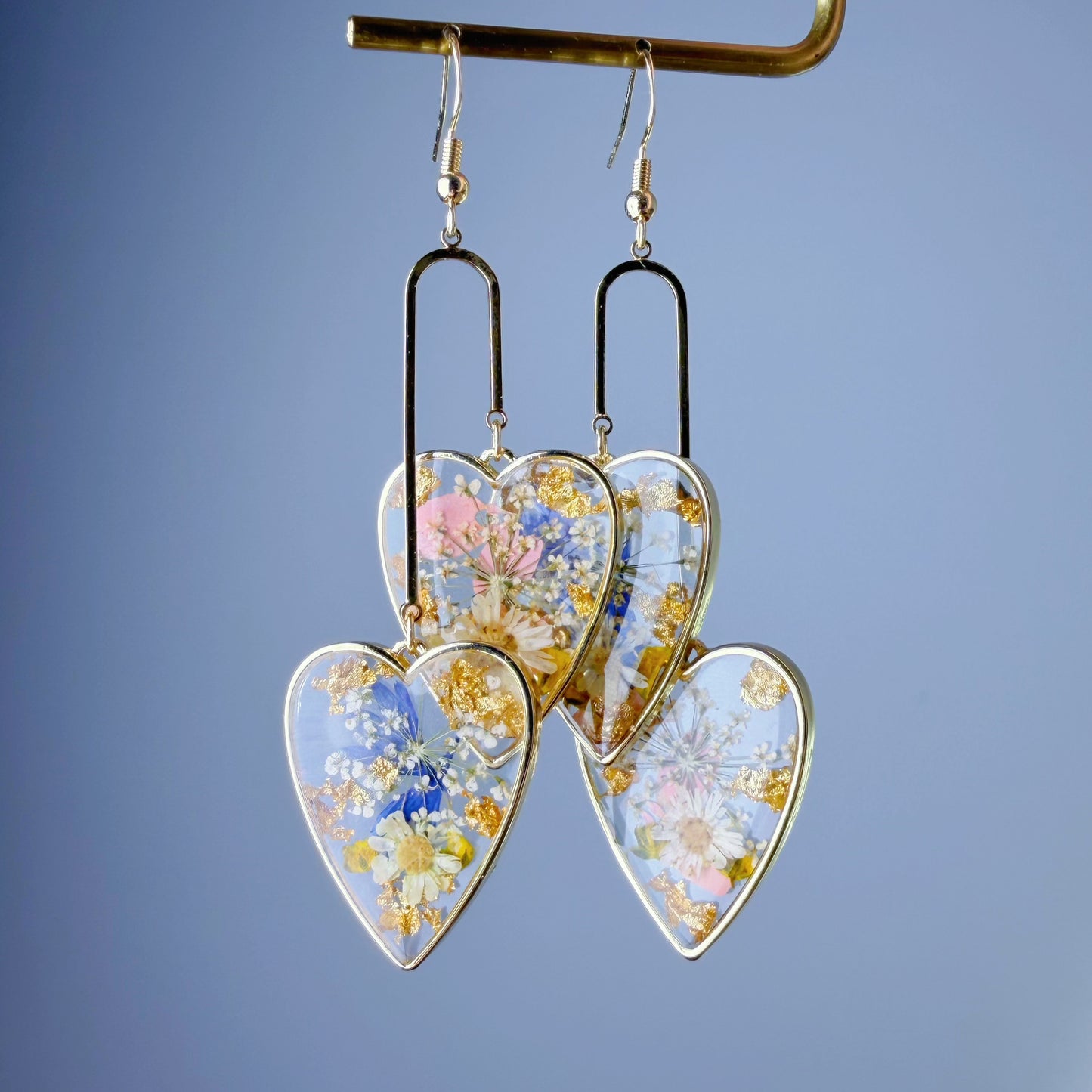 Handmade Pressed Flowers in Hearts Statement Dangle Earrings