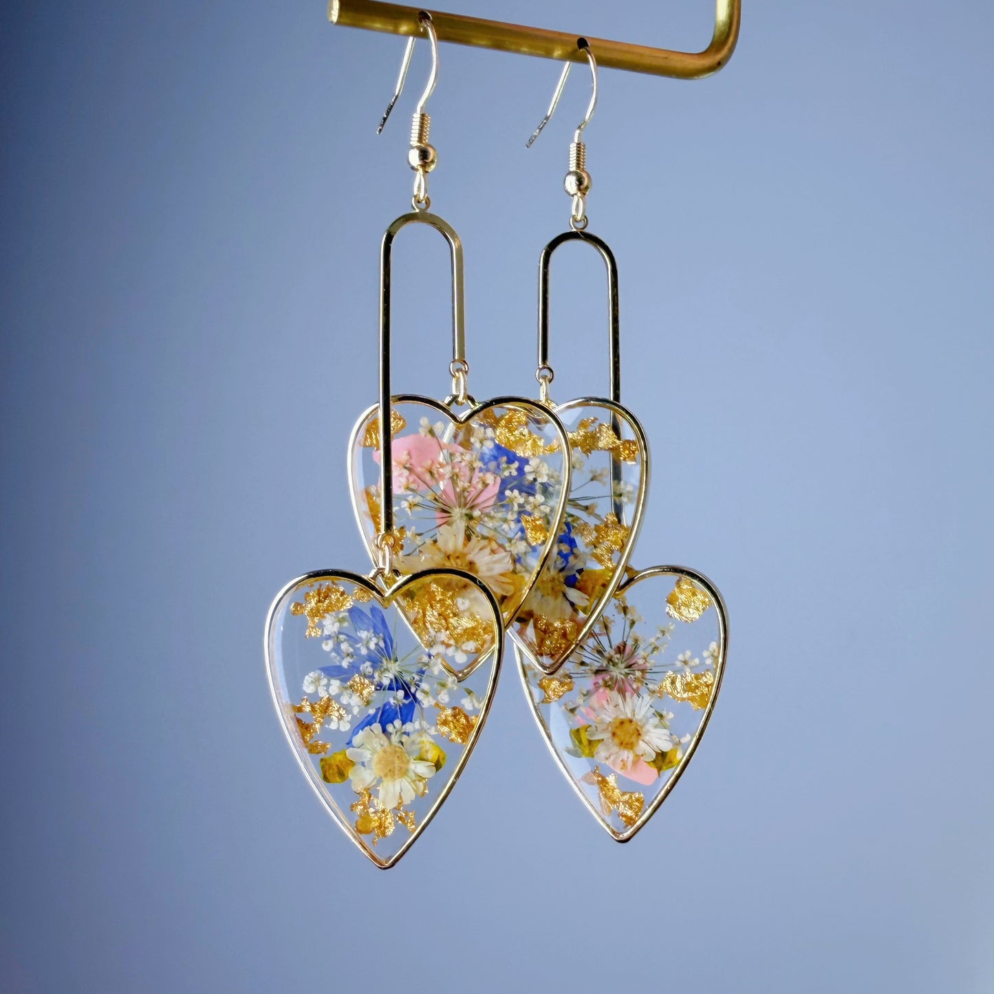 Handmade Pressed Flowers in Hearts Statement Dangle Earrings