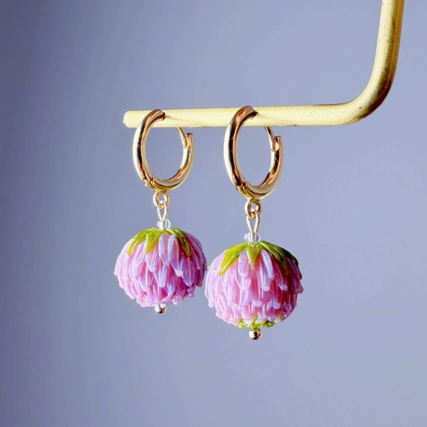 Handmade Lampwork Glass Red Clover Flowers Hoop Earrings