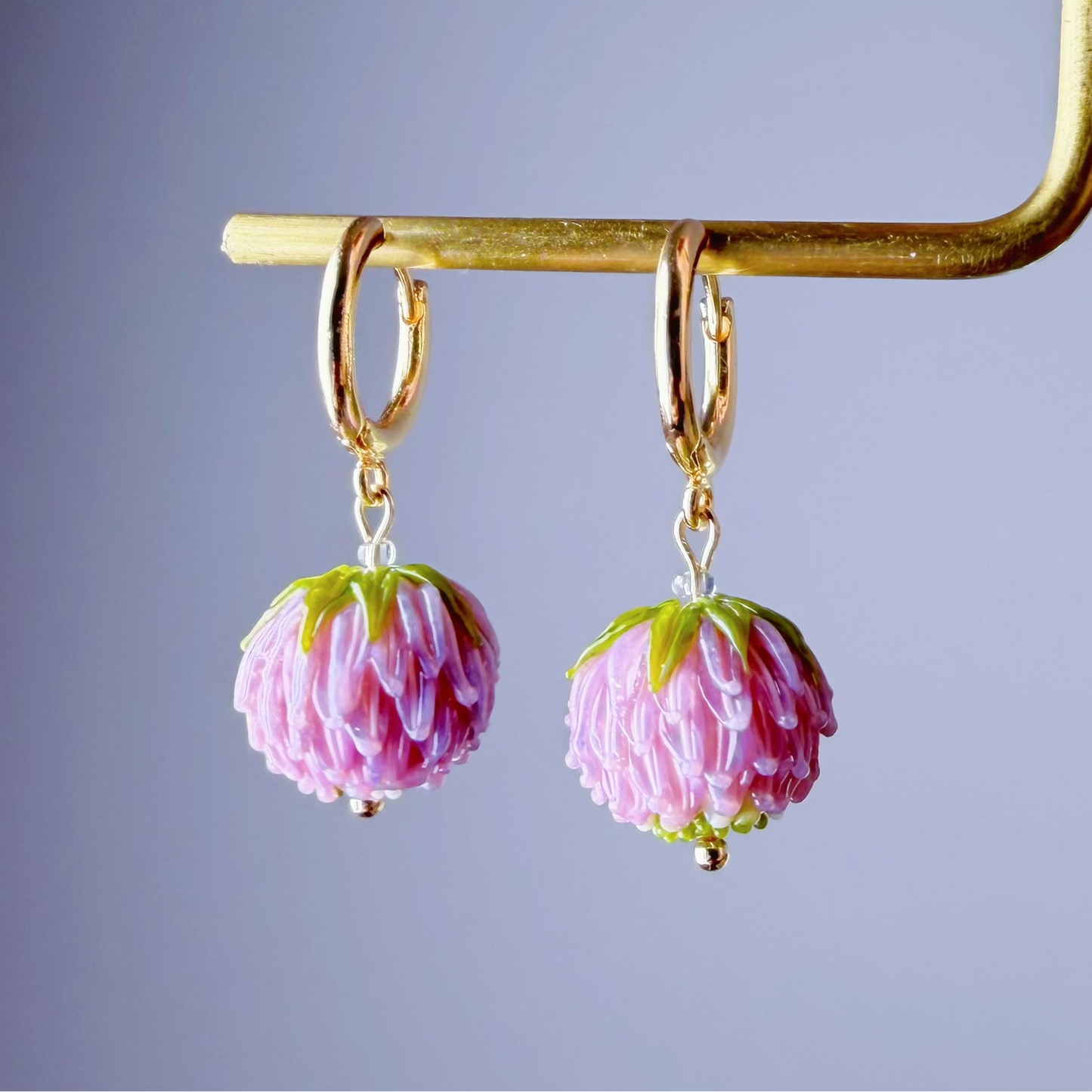 Handmade Lampwork Glass Red Clover Flowers Hoop Earrings
