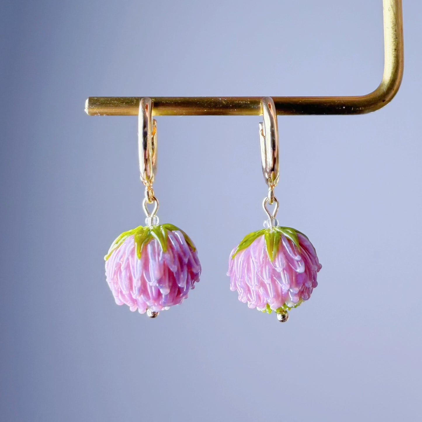 Handmade Lampwork Glass Red Clover Flowers Hoop Earrings
