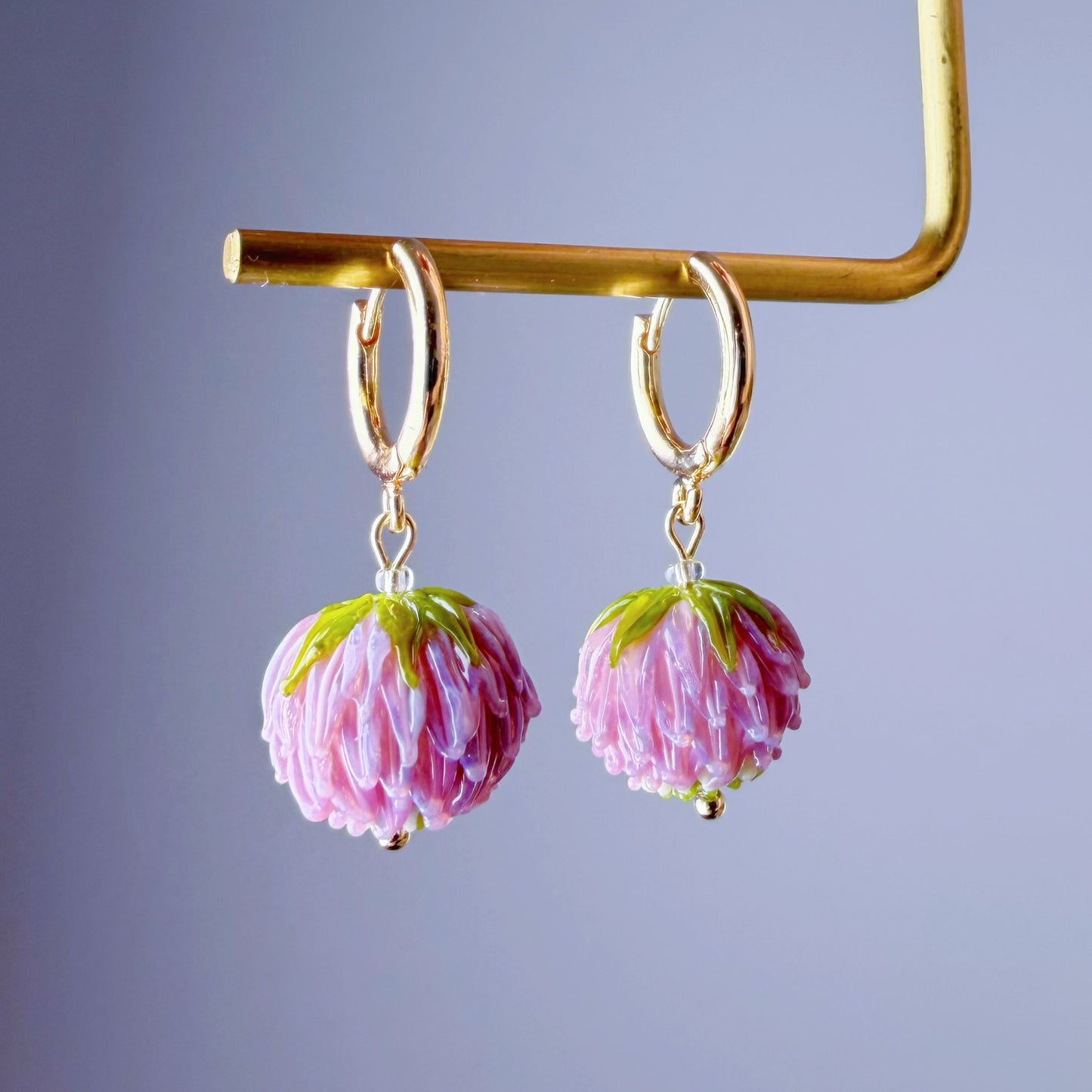 Handmade Lampwork Glass Red Clover Flowers Hoop Earrings